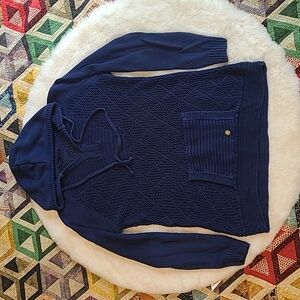 Prana Sugar Beach Organic Cotton Blue Knit Pullover Long Sleeve Hooded Sweater